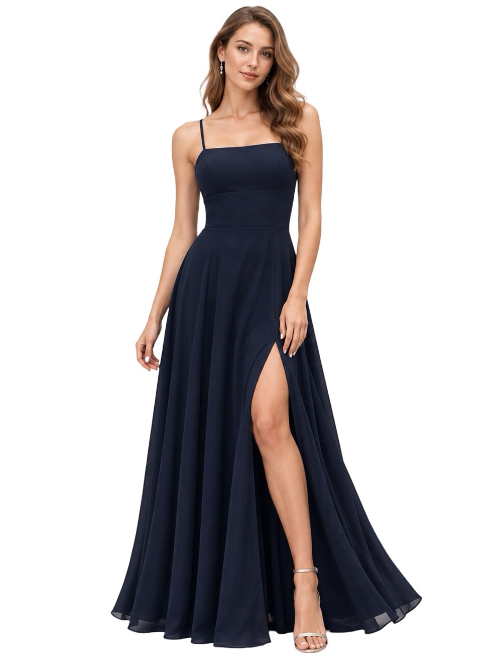 NWT JJ’s House Lunetta Dark Navy Chiffon Lace-Up Slit Gown Size 12